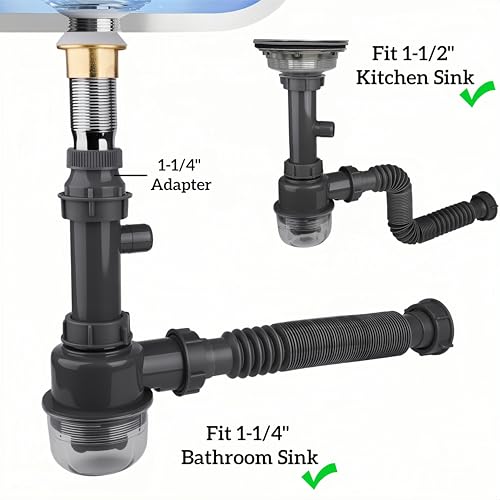 1-1/4\" and 1-1/2\" PVC Bottle Trap Plumbing Kit with Threaded Adapter, Sink Drain kit for Bathroom and Kitchen, P-Trap Replacement, Flexible Extension Tube Drain Tailpiece