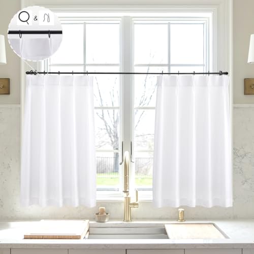 LIMON HOME White Linen Kitchen Curtains 24 inch Length Pinch Pleat Cafe Curtains