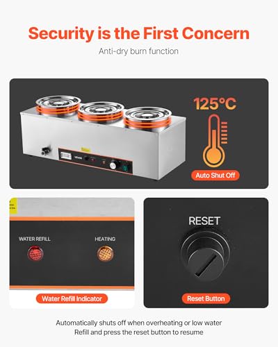 Image of VEVOR Electric Soup Warmer, Three 6.34QT Stainless Steel Round Pot with 86~185F Adjustable Temp, 1500W Commercial Bain Marie with Anti-Dry Burn and Reset Button, Soup Station for Restaurant, Buffet