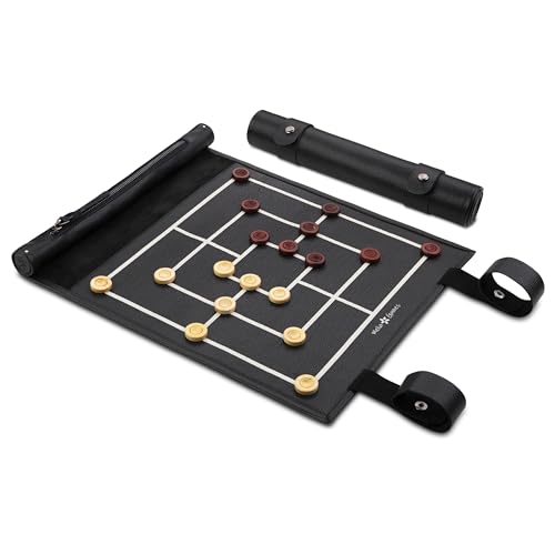 Melia Games Mühle zum Rollen - Reise-Mühle aus feinstem Echt-Leder mit handgefertigten Spielsteinen aus Holz - Nine Mens Morris (Black and White)