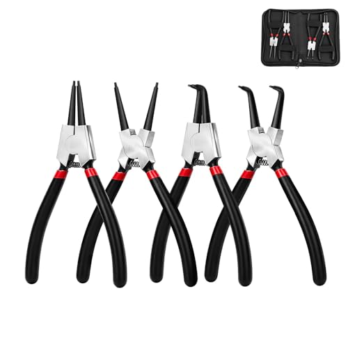 Lot de 4 pinces à circlips internes externes de 17,8 cm avec sac, outil de pince à anneau interne et externe cintré, poignées antidérapantes pour sertir et retirer les circlip