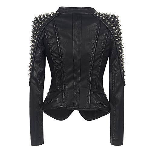 LFS Women's Punk Rivet Motorcycle Jacket Fashion Zipper Asymmetric Studded Perfectly Shaping Faux Leather Biker Coat2