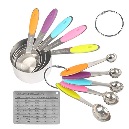 OFNMY 11 Piece Stainless Steel Measuring Set - 10 Pcs Measuring Cups and Spoons Set with 1pc Professional Magnetic Measurement Conversion Chart Stackable for Easy Storage