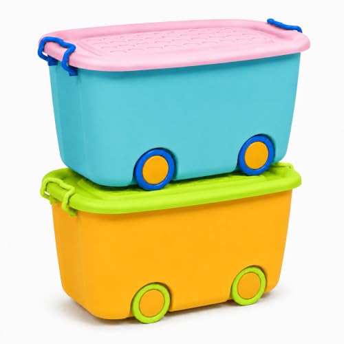 Image of STAR WORK Multipurpose Durable Storage Box Colorful Car-shaped Children's Toy Storage Container with Wheels and Handle (Pack Of 2, 25 Liter) Color May Very