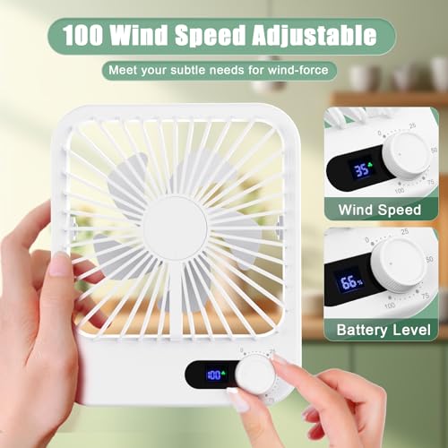 Travel Fan for Sleeping, Portable Fan for Travel Rechargeable with Digital Display, 100 Speed Wind Personal USB Fan with Variable Speed Knob, Small Desk Fan for Bedroom Travel Essentials, White - Image 3