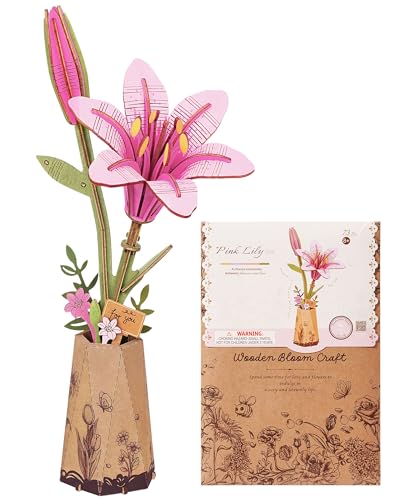 Robotime Flor Puzzles 3D Madera, Maquetas para Construir Adultos, Maqueta Madera, Regalos para Mujeres en el Día de San Valentín & Cumpleaños (Lirio Rosa)