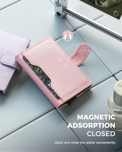 Image of VULKIT Slim Bifold Pop up Wallet Minimalist Leather Card Holder RFID Blocking Metal Card Case with ID Window for Women | with Leather Slots
