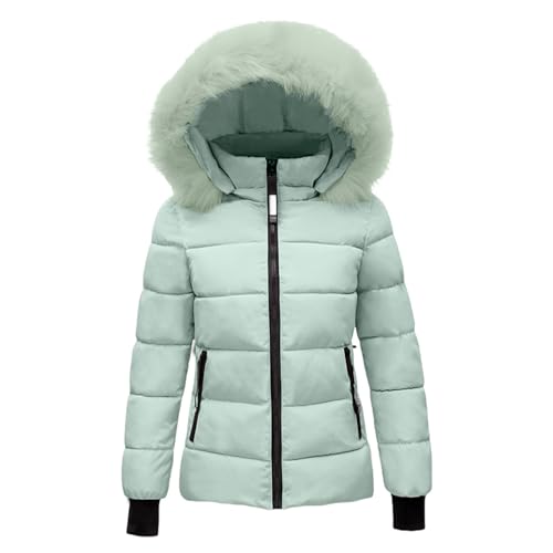 FlutVolt Chaqueta acolchada para mujer de invierno, ligera, con capucha de piel, chaqueta acolchada corta, acolchada, gruesa, cálida, con capucha, talla grande, verde, L