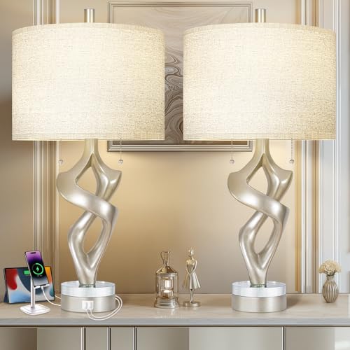 Scenekoy Sculptural Resin Table Lamp Set of 2 with USB Ports for Bedroom Living Room...