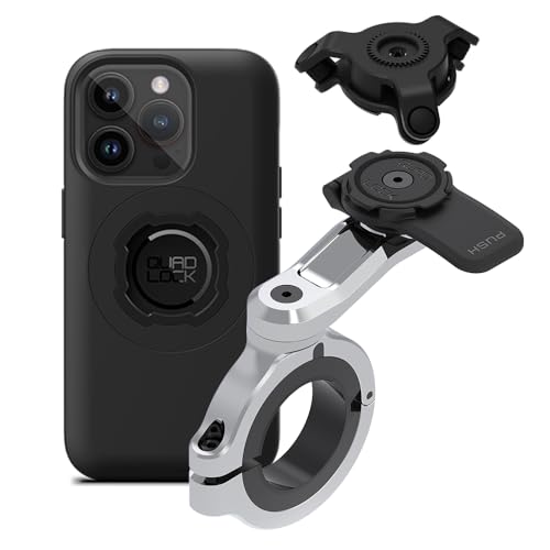 Image of Quad Lock Motorcycle Handlebar Phone Mount PRO Chrome - Large with Vibration Dampener and MAG Phone Case for iPhone 14 Pro