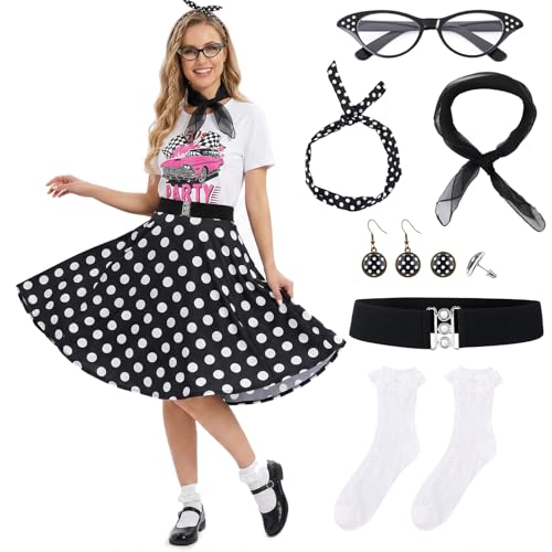 ZhouBoat 9Pcs Sock Hop Outfits Women with 1950 Poodle Skirt T-Shirt Socks Scarf Headband Belt Earring Glasses for 50s Party Costume (L)