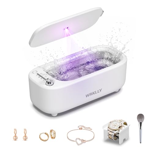 WRKLLY Ultrasonic Jewelry Cleaner, 50KHz 14oz Professional Ultrasonic Cleaner Machine with 4 Timer Modes,304 Stainless Steel Tank for Jewelry, Eyeglasses, Rings, Coins, Watch Strap,Dentures (White)