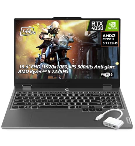 Image of Lenovo LOQ Gaming Laptop 15.6 inch FHD (1920x1080) IPS Anti-Glare 144Hz, AMD Ryzen 5 7235HS, NVIDIA GeForce RTX 4050,12GB RAM, 1TB SSD, Win11, White Backlit, Luna Grey, w /USB Hub, W /GaLiMu