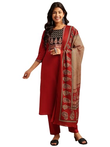Image of Vbuyz Women Ajrakh With Yoke design Cotton Straight Kurta Set With Dupatta