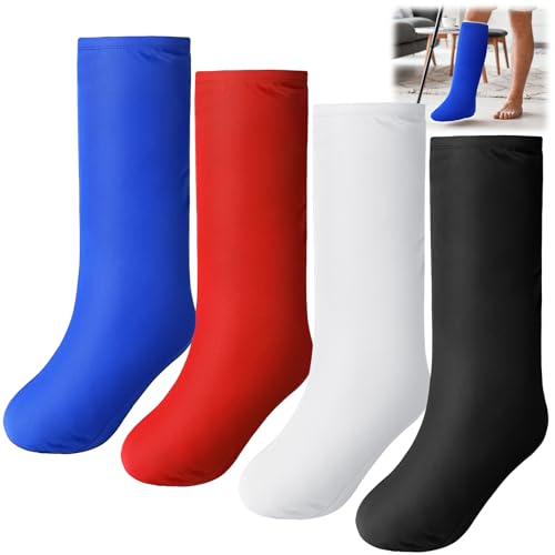 Shyyween 4 Pcs Leg Cast Cover Medium Short Cast Sock Cover Below the Knee Leg Sleeve for Foot Men Women Plaster Stocking Protective (Blue Red White Black)