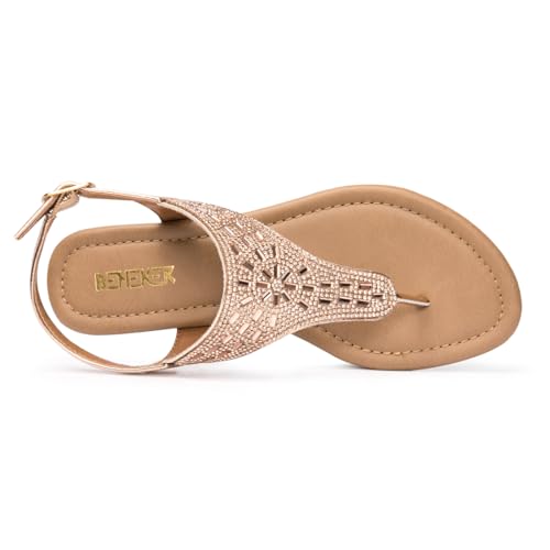 Image of BENEKER Women's Rhinestone Thong Flat Sandals T-Strap Fashion Sandals Ankle Strap Summer Gladiator Sandals
