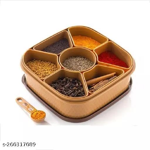 Image of KP International Rangoli dubba 7 Section Multipurpose Plastic Masala Box for Kitchen Royal Spice Boxe for Kitchen Container 7 Compartments with 1 Spoons (Square) Masalabox,23A KP81