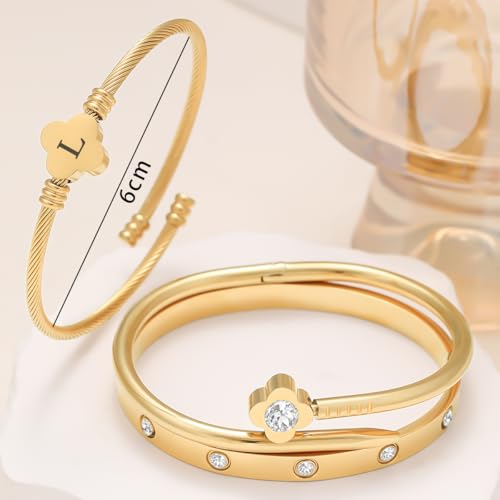 14K Gold Plated Personalized Flower Bracelet Set with Initial Charm Trendy Stackable Jewelry for Women3