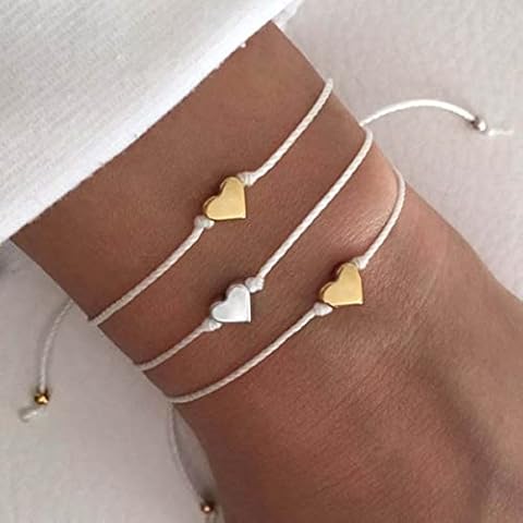 Bufenia 3 Sets Simple Bracelet Two-color Heart Handmade Braided Rope Tie a Knot Bracelets Hand Accessories Jewelry for Women and Girls Cover