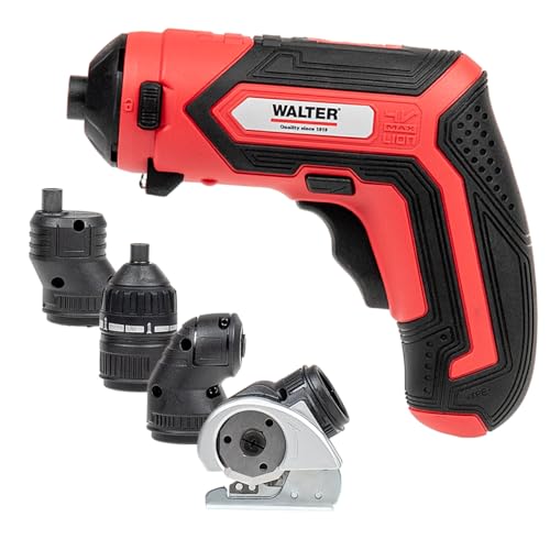 WALTER 4 in1 Akku-Multifunktionswerkzeug 4V, mit LED Arbeitslicht, vielseitig einsetzbare Aufsätze, sehr handlich durch kompakte Abmessung und geringes Gewicht, inkl. 28 Bits, Akku, Ladegerät, uvm.