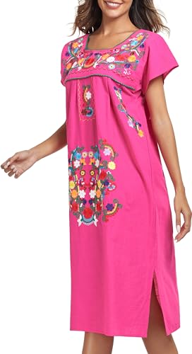 Image of YZXDORWJ Women Mexican Embroidered Long Dress Ruffle Collar Maxi Boho Floral Summer Short Sleeve
