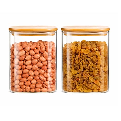 Image of Airtight Square Glass Storage Jar with Bamboo Lid, 950ml Multipurpose Kitchen Container for Coffee, Tea, Sugar, Masala, Spices & Dry Fruits | Modern Transparent Pantry Organizer (Pack of 2)