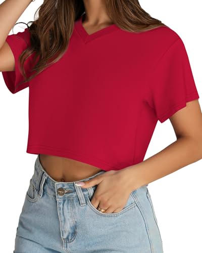 Image of Womens Crop Tops Short Sleeve V Neck Summer Cropped T Shirts Baisc Tees