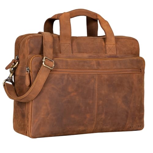 STILORD Thompson Vintage Ledertasche Business Tasche Groß Aktentasche Lehrertasche zum Umhängen für Laptop DIN A4 Bürotasche Trolley Aufsteckbar Echtes Leder Farbe:tan - Dunkelbraun