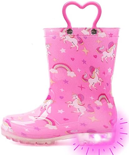 Outee Toddler Girls Rain Boots Little Kids Baby Light Up Printed Waterproof Mud Shoes Pink Unicorn Lightweight Rubber Adorable with Easy-On Handles Non Slip (Size 1,Pink)