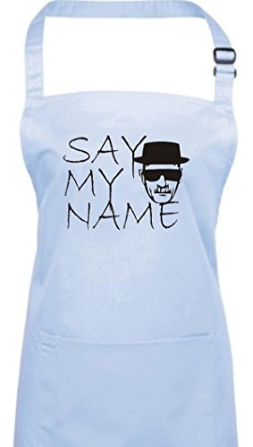 Delantal, Breaking Bad Heisenberg White Say My Name muchos colores, algodón mezcla, azul claro, 72 x 86 cm
