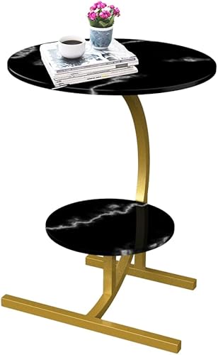 Miniatura 5 de Mesa auxiliar redonda de 2 capas con textura de mármol en forma de C, mesa auxiliar para aperitivos, mesa auxiliar para sofá, mesita de noche para