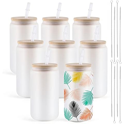 HTVRONT Sublimationsglasrohlinge mit Bambusdeckel - 473 ml mattiertes Sublimationsglas Cover