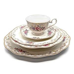 Royalty Porcelain “Romantic Bloom” 5-Piece White and Gold Floral Dinnerware Set, Gold-Plated, Bone China, Service for 1
