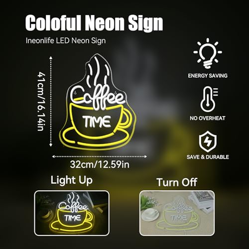 Image of ineonlife Coffee Time Neon Sign Accessories Light Up for Wall Decor Modern Led Sign for Coffee Shop Small Acrylic Art Decor for Dessert Shop Bakery Cafe Kitchen Decorations