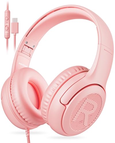Image of awatrue USB-C Kids Headphones with Mic - 85 /94dB Volume Limiter, Foldable Wired Toddler Headphones for Boys & Girls, Over-Ear Type-C Kid Headphones for School, Travel, lPad, Tablet & Smartphones