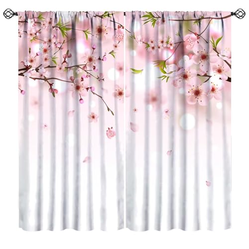 Mchenxin Pink Floral Curtains for Kitchen, Rustic Country Japanese Cherry Blossom Botanical Plants Petals Falling Print Window Drapes Curtains for Bedroom Living Room, 42x45in (No Blackout)