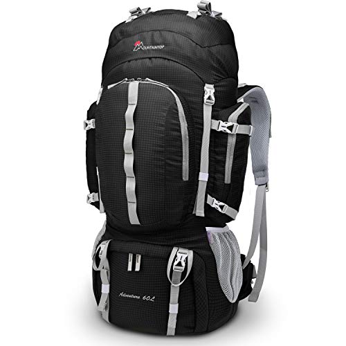 MOUNTAINTOP 50L/60L Mochila de Senderismo Impermeable Multifuncion Mochila de Camping al Aire Libre con Cubierta de Lluvia para Trekking Viajes Montaña Acampada Escalada (6364Negro, 60L)