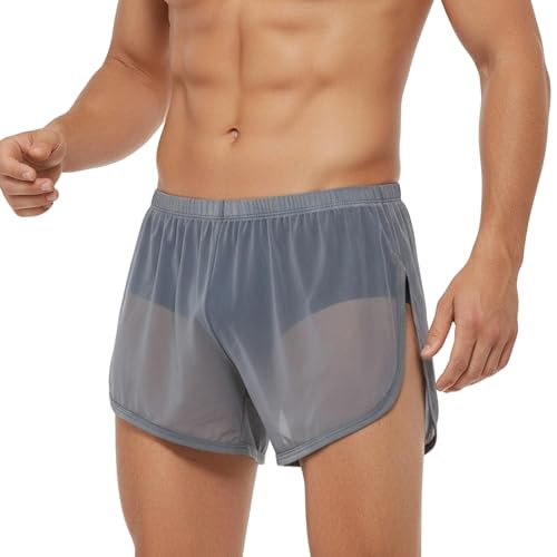 YINYOUYU Mens Sexy Mesh See Through Shorts Underwear Loose Sheer Breathable Boxers Short M Grey