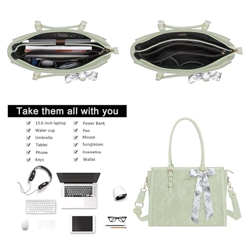 Image of MOSISO Laptop Bag for Women, PU Leather Tote Bag, Front Embossed Retro Hibiscus Computer Bags with Silk Scarf&Clutch Purse