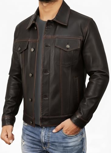 Image of Leather Trucker Jacket Men - Real Lambskin Shirt Style Vintage Fashion Mens Leather Jacket
