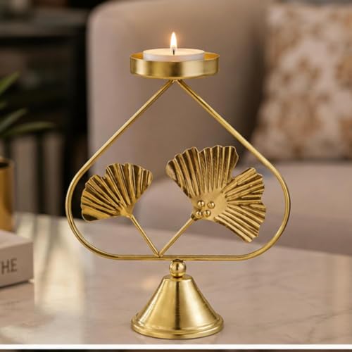 Image of Webelkart Premium Gold Plated Tealight Candle Holder for Home Decor |Candle Stand with Ginkgo Leaf Design | Diwali Candle Holder,Living Room, Bedroom, Dining Table & Festive Decoration (7 inch in)