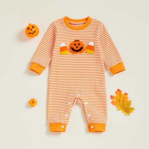 Baby Girl Halloween Jumpsuit Long Sleeve My First Halloween Pumpkin/Ghost Onesie Embroidery Striped Romper Outfits4