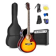 Complete beginner acoustic guitar starter kit with electro-acoustic guitar in sunburst finish, providing a professional look and vibrant, resonant sound perfect for any new guitarist. This electro acoustic guitar features an integrated LED tuner and ...