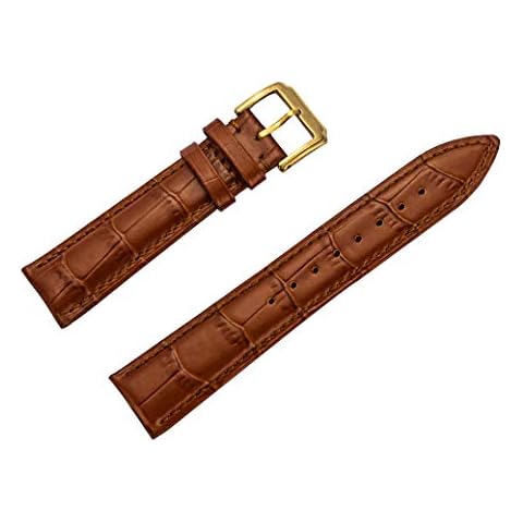Leather Watch Band 2 Pieces Alligator Embossed Calfskin Strap Wrist Replacement Brown 15mm Gold Buckle Cover