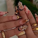 AstraGlam Medium Almond 3D Braune Goldblume Press on Nails Kurz Nägel zum Aufkleben ‎ Schildpatt Leopard French Tip Blütenverlauf Design, 24 Stück Handgefertigte Jelly Gel auf Acryl Falsche Nägel