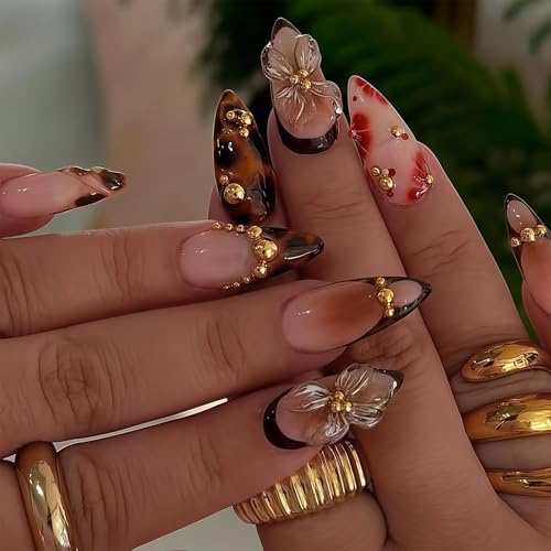 AstraGlam Medium Almond 3D Braune Goldblume Press on Nails Kurz Nägel zum Aufkleben ‎ Schildpatt Leopard French Tip Blütenverlauf Design, 24 Stück Handgefertigte Jelly Gel auf Acryl Falsche Nägel