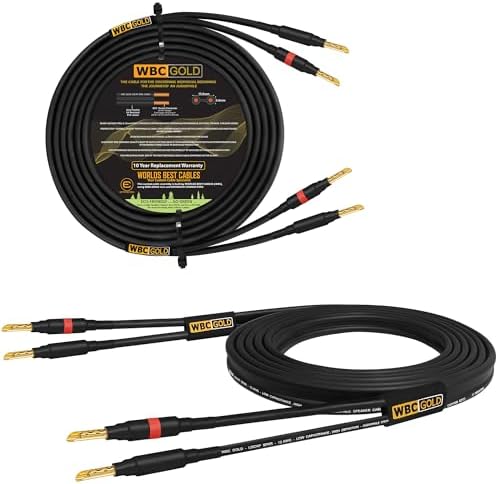 WORLDS BEST CABLES 12 Foot WBC-GOLD-LOCAP-SPKR-12 AWG - Low-Capacitance - Low-Inductance - High Purity OFC - Audiophile HiFi Speaker Cable Pair with Eminence Gold Banana Plugs
