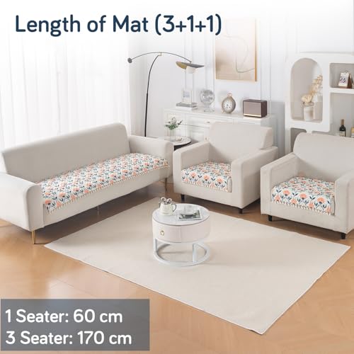 Image of HOKIPO Folk Garden Quilted Sofa Cover 5 Seater Set - Washable 3+1+1 Sofa Cover Mat with Tassel Design | 'Tassel Twigs' Series (IN-985-T9 + IN-982-T9*2)