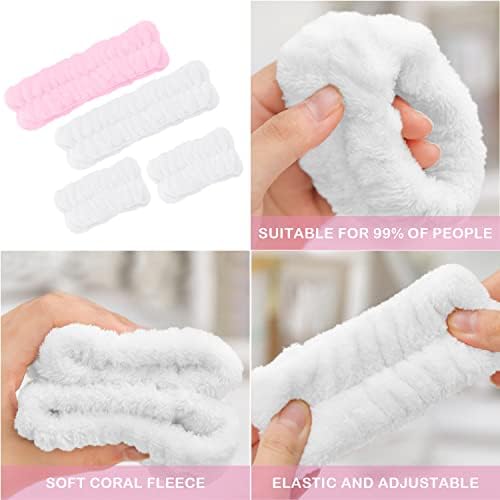 4 Pack Face Bands, Wrist Bands, Elastic Makeup Headbands, Washable Face Care Headbands, Coral Fleece Shower Headbands for Women Sports, Beauty (Pink, White)
