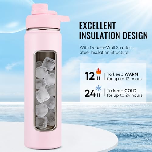 Image of Fijinhom Insulated Water Bottle with Handle, 304 Stainless Steel Water Bottles with Wide Mouth, Double Wall Vacuum Sports Water Bottle, BPA Free, Keep Cold and Hot, 24 Ounces, Pink